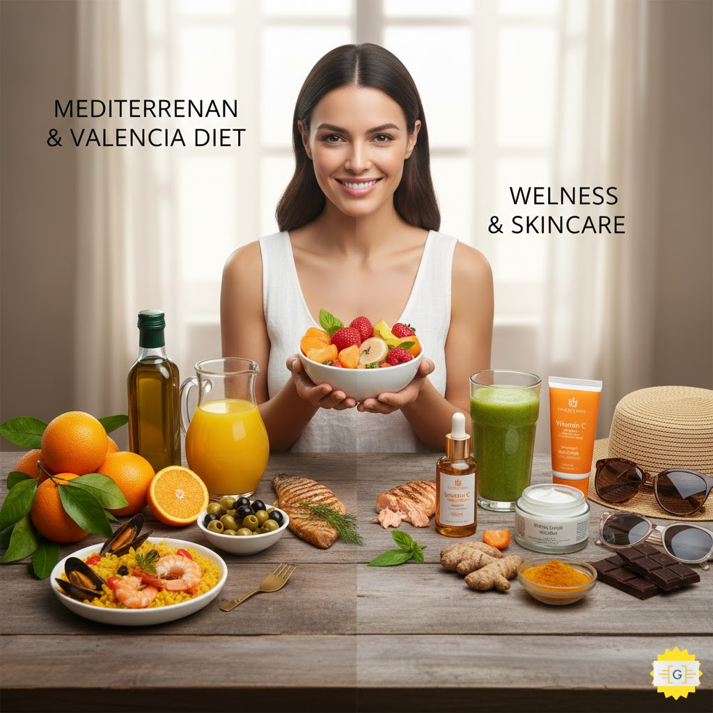 Womam with Bowl of fruits in her hand and fruits on table in front of her Valencia Mediterranean diets