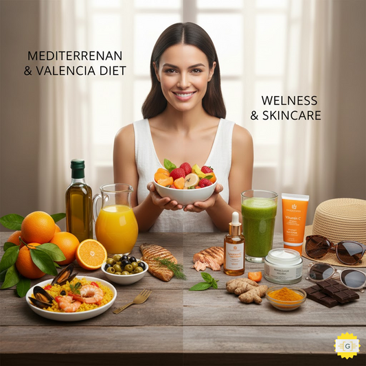 Womam with Bowl of fruits in her hand and fruits on table in front of her Valencia Mediterranean diets