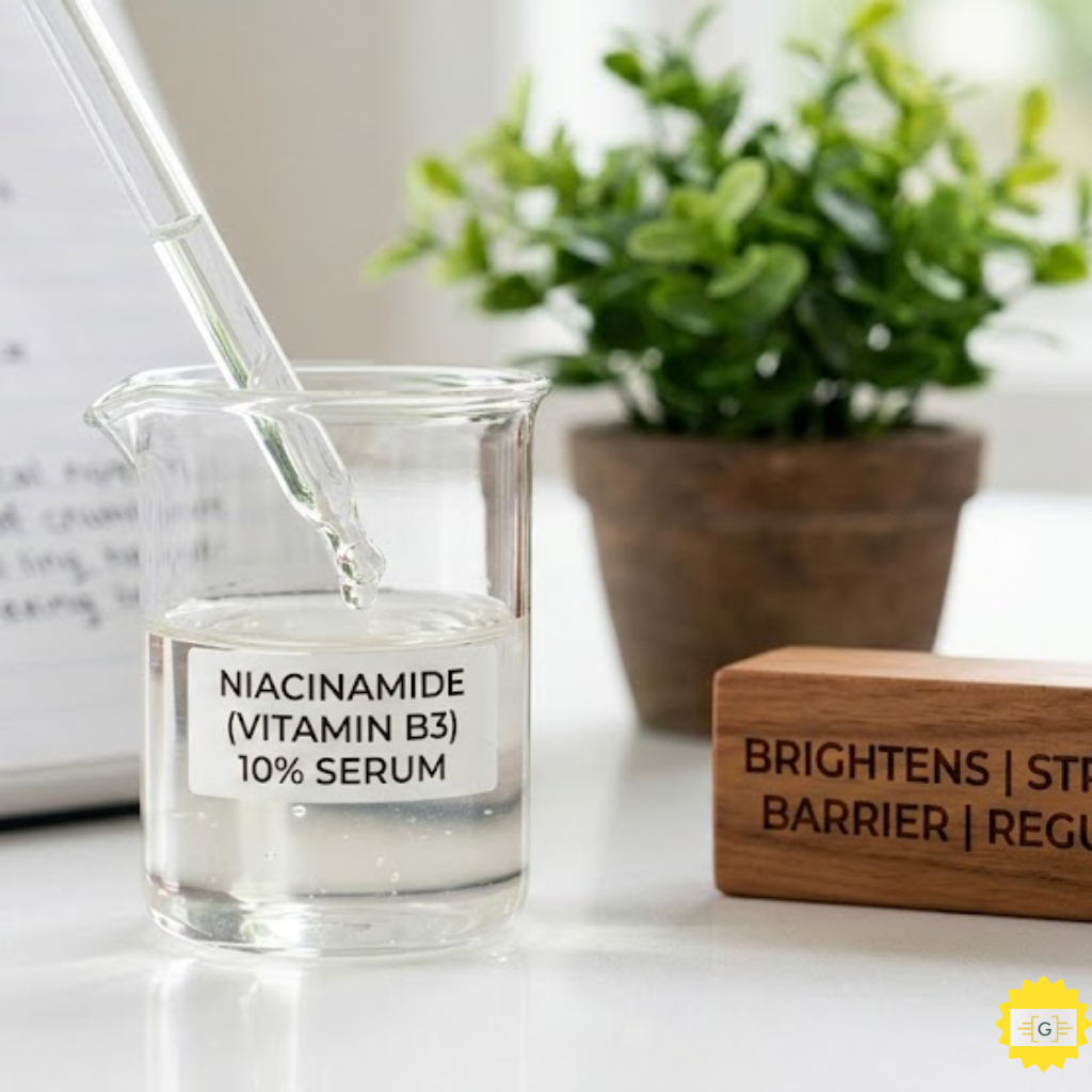 A clear beaker containing a Niacinamide (Vitamin B3) 10% Serum with a dropper.