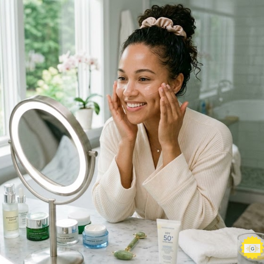 Woman in a bright modern bathroom setting, showcasing a healthy skin routine