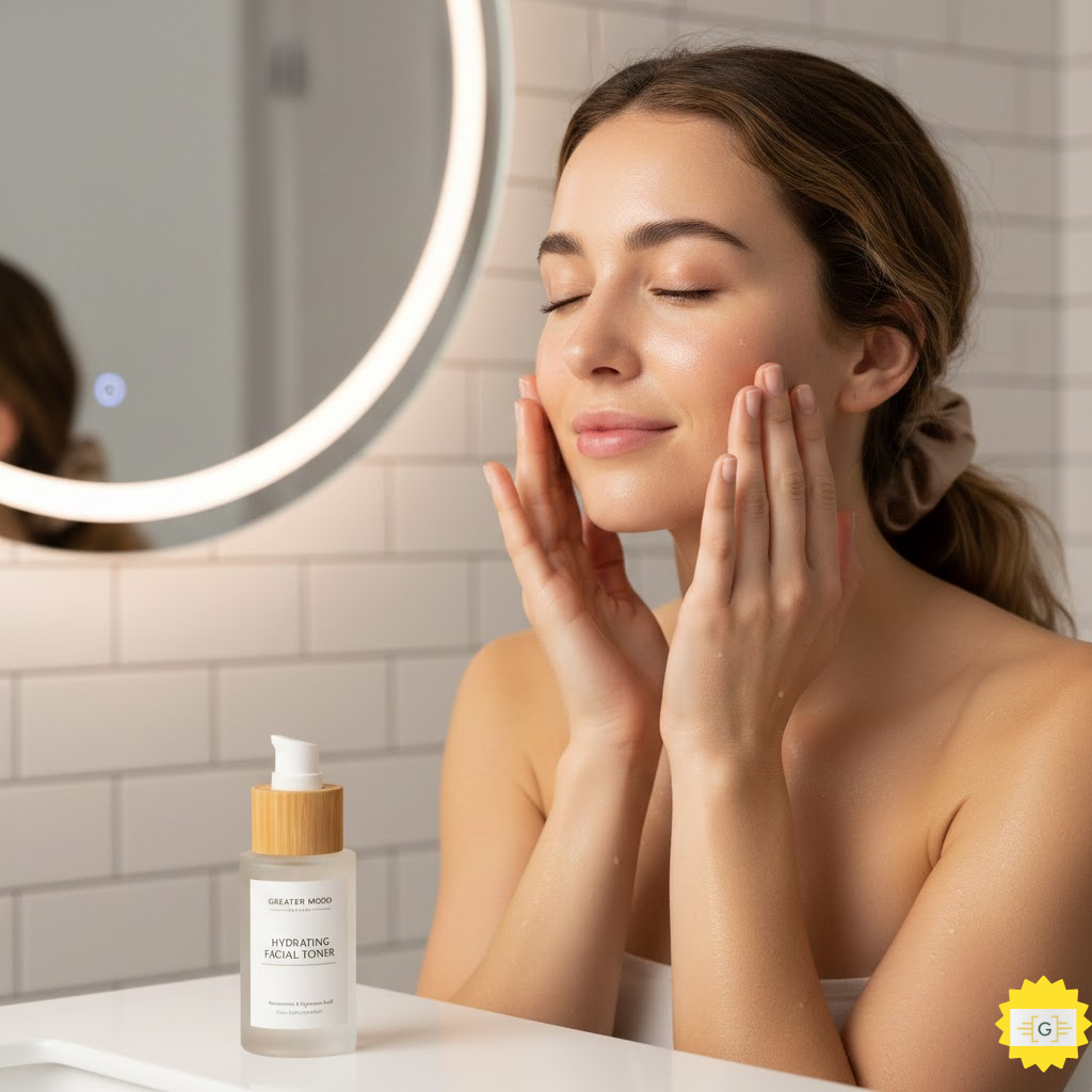 Woman applying Greater Mood hydrating facial toner with hands for skincare routine
