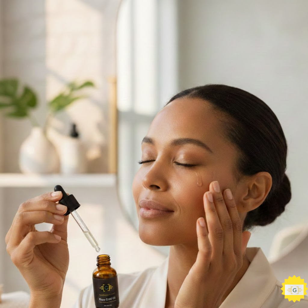 Woman applying anti-aging serum to face  