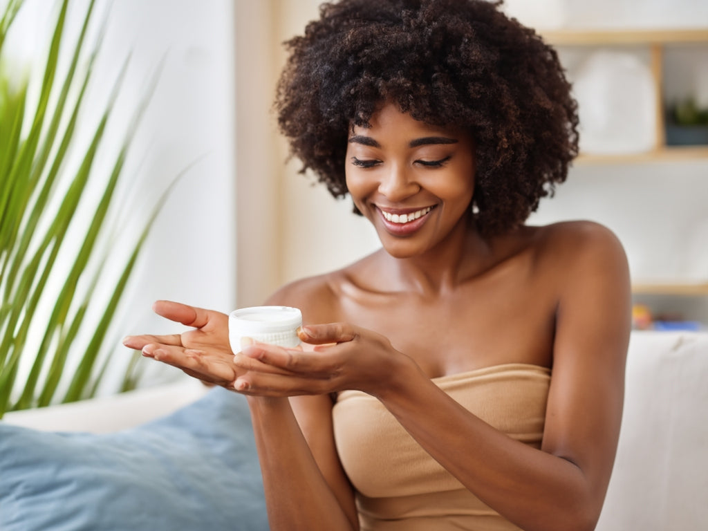 Woman at home using Greater Mood shea butter body cream 