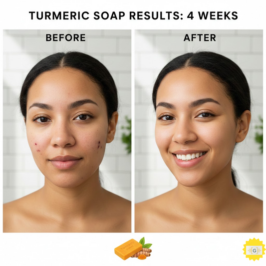 Woman before and after using turmeric soap