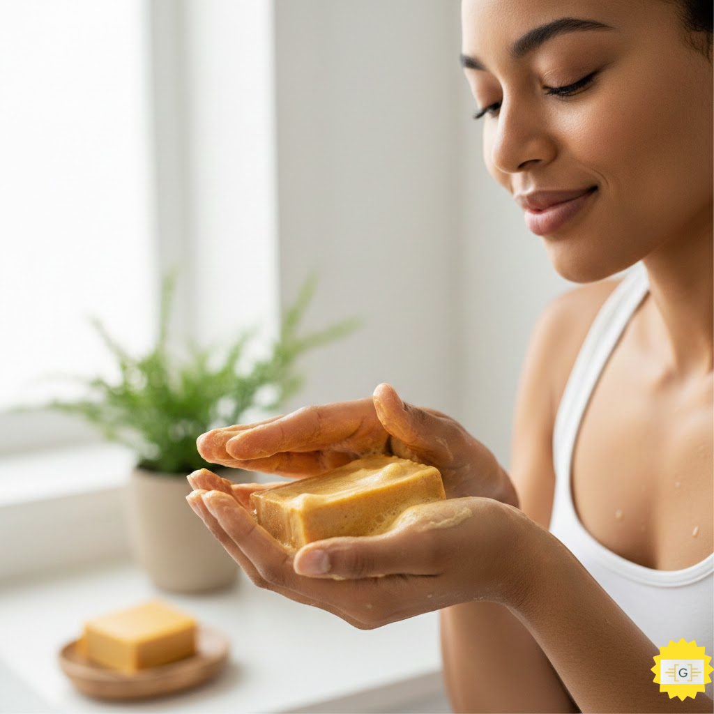 Woman lathering turmeric soap in her hands to wash her face