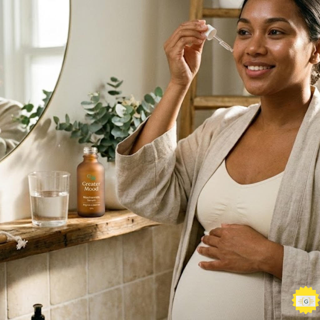 Woman using Greater Mood Niacinamide serum 