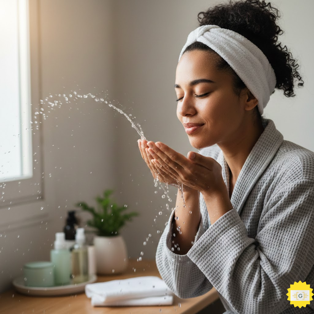 Woman washing face morning routine tips