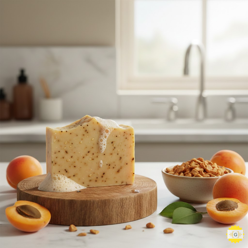 mages of apricot soap and natural ingredients on a table 