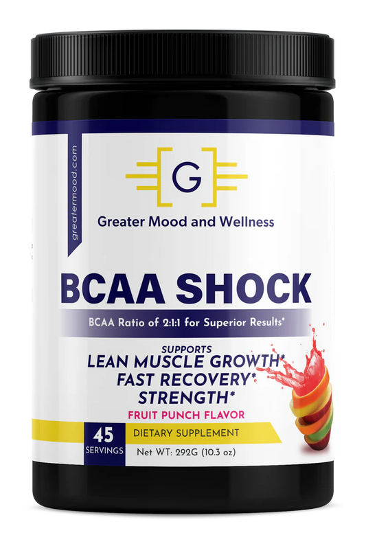 Black container with label Greater Mood bcaa shock