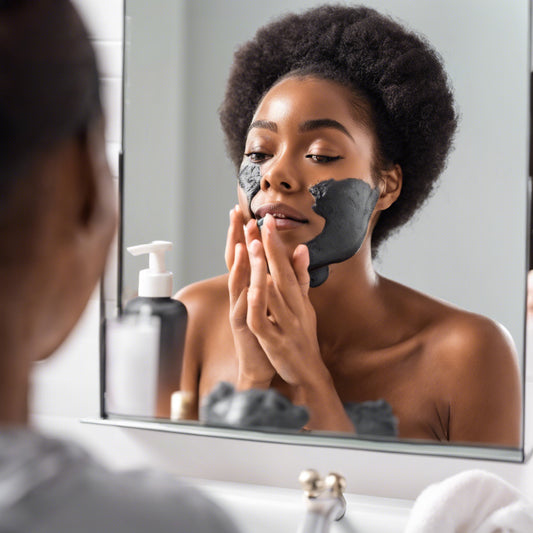 african american woman Using charcoal Soap for Pimples for pimples looking in mirror