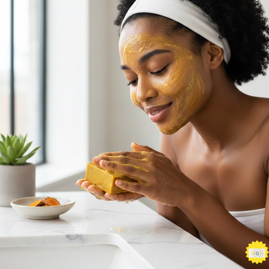 A beautiful dark-skinned woman using a yellow turmeric soap bar to wash her face, creating a rich golden lather on a bathroom countertop.