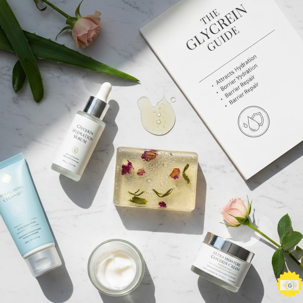 Skincare products on a clean surface showing the benefits of glycerin for skin