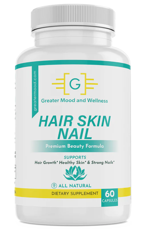 Picture of a hair skin and nail vitamins with Greater Mood and Wellness Logo