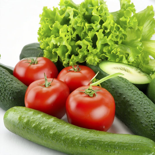 Image of tomatoes, cucumbers, and lettuce. Dash diet encourages the intake of vegetables like these for a nutritious diet.