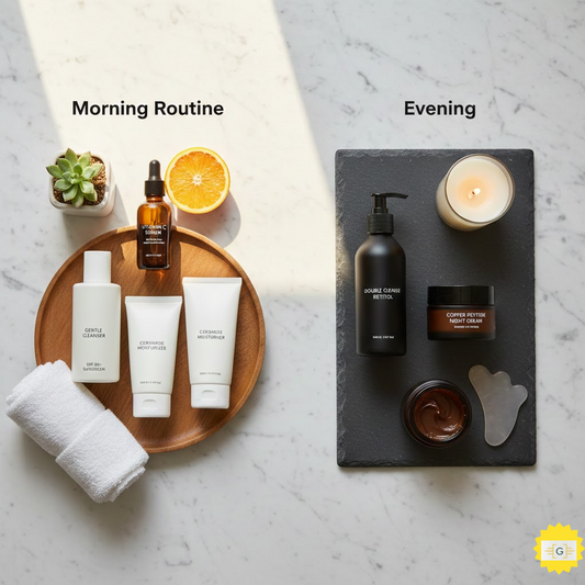 A beautiful bathroom countertop with a morning and evening skincare lineup organized neatly.