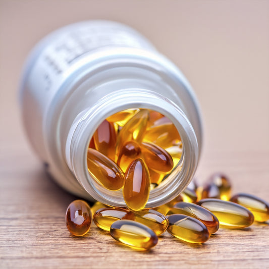 bottle of omega 3 supplement laying on wooden surface 