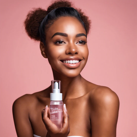 black woman with a bottle of Hyaluronic Acid Serum 