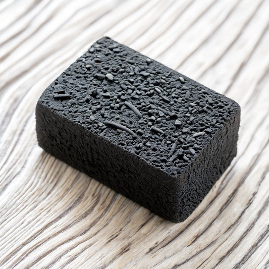 Charcoal detox soap bar on light gray wooden surface 