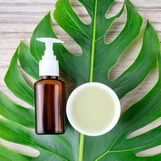Big leaf on gray surface with bottle and essential oil on top