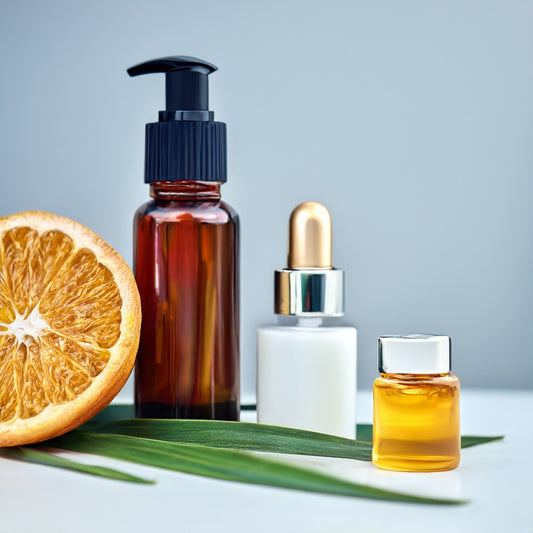 half of an orange, 3 bottles of gentle non-soap cleansers