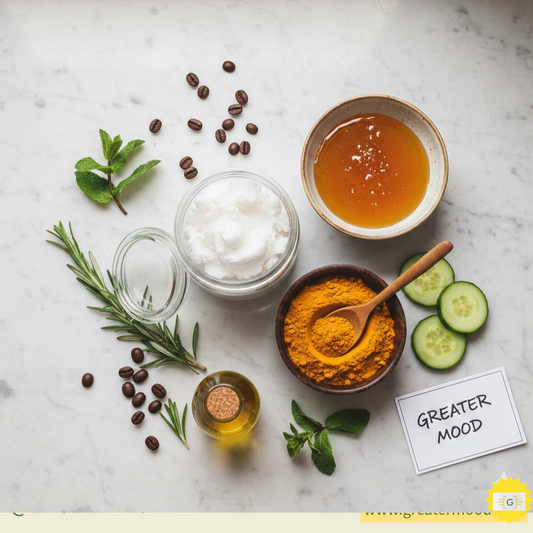 Flat lay of common household products for skincare including coconut oil, raw honey, and turmeric powder on a clean kitchen counter