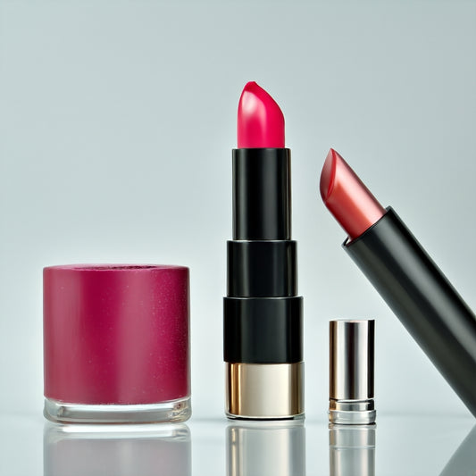 lip kit with 2 lip sticks and a lip balm on glass surface