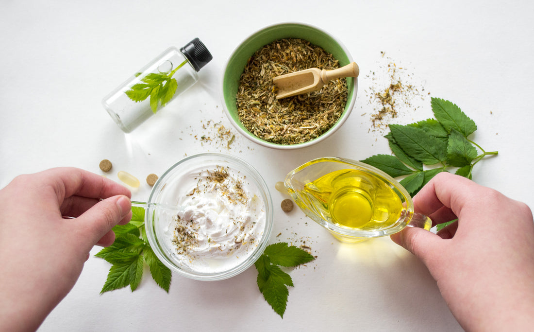  Vegan Skin Care concept with hands holding a bowl of fresh herbs and spices.