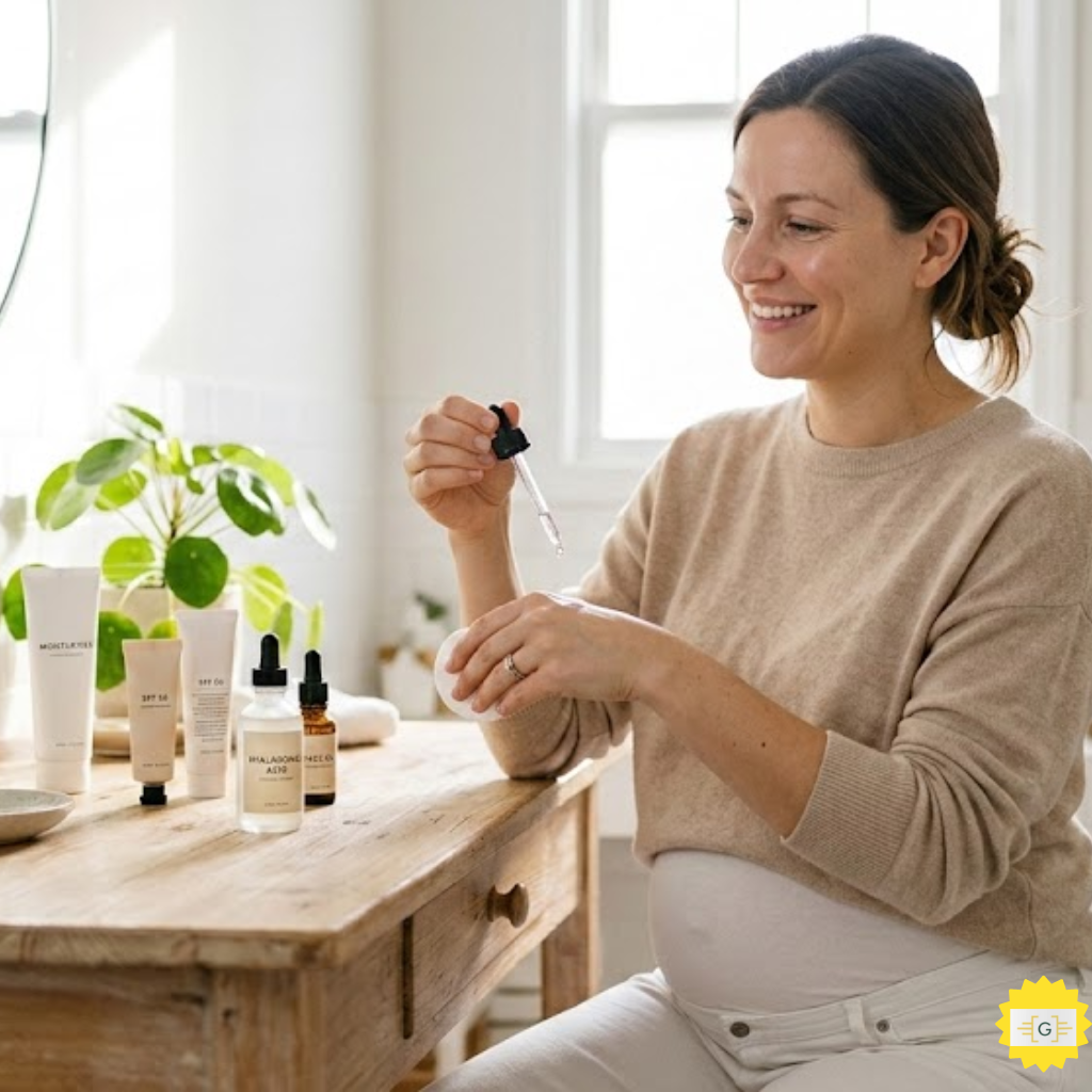 pregnant woman interacting with a skincare dropper in a calming bathroom setting
