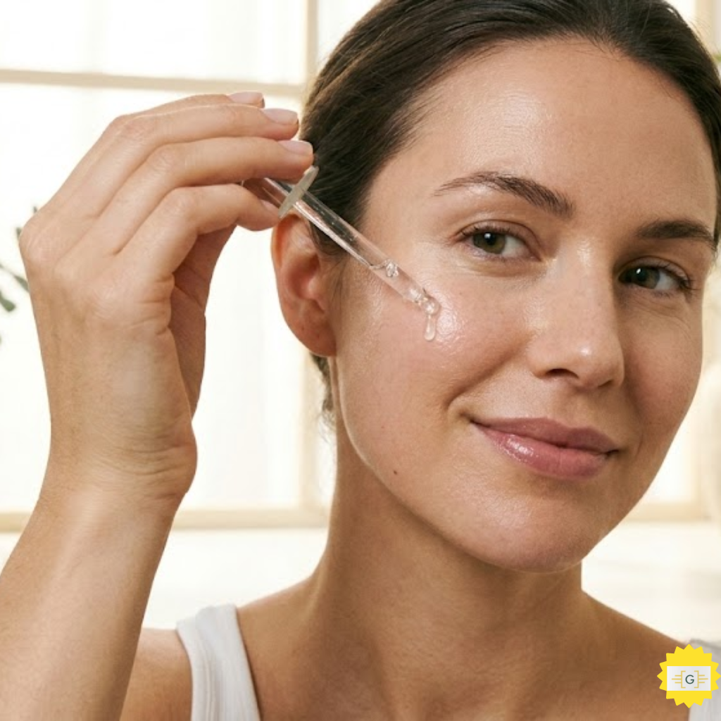A close-up photograph of a woman with radiant, healthy skin applying a clear hyaluronic acid serum from a glass dropper.