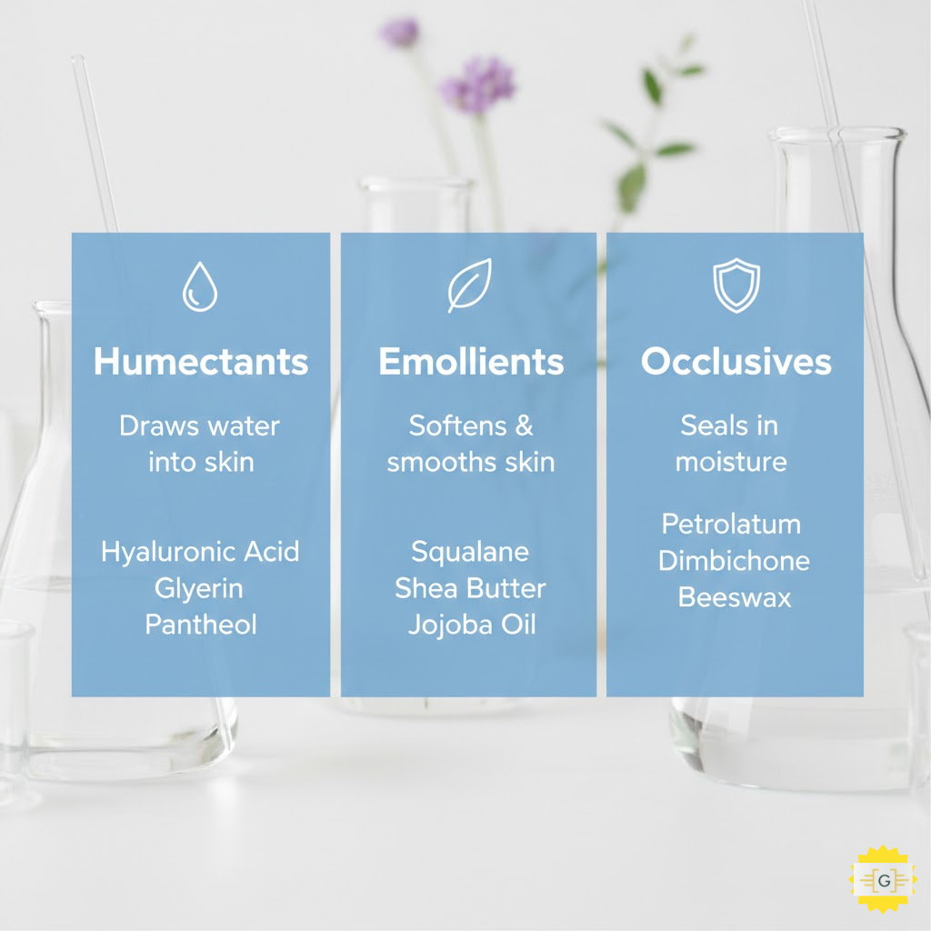 image comparing skincare ingredient categories including humectants for hydration and occlusives for moisture sealing.