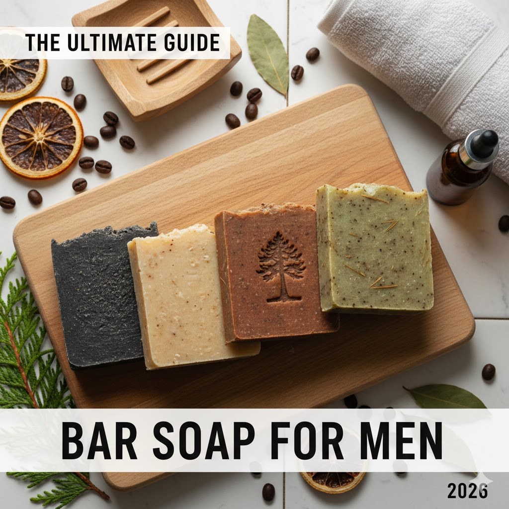 A flat lay of four natural artisan bar soaps for men—charcoal, cedarwood, pine, and eucalyptus—arranged on a wooden board with natural ingredients like coffee beans and dried citrus.