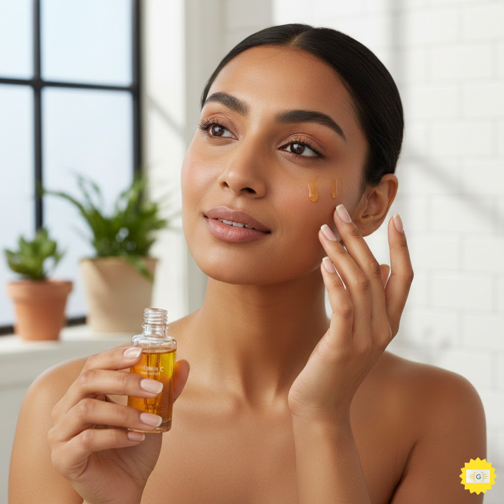 woman applying vitamin c brightening serum for glowing skin