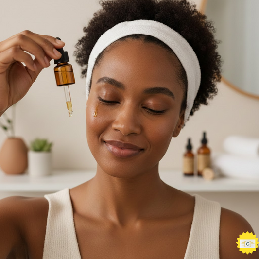 woman applying a drop of Bakuchiol oil to her face for a natural skincare routine.