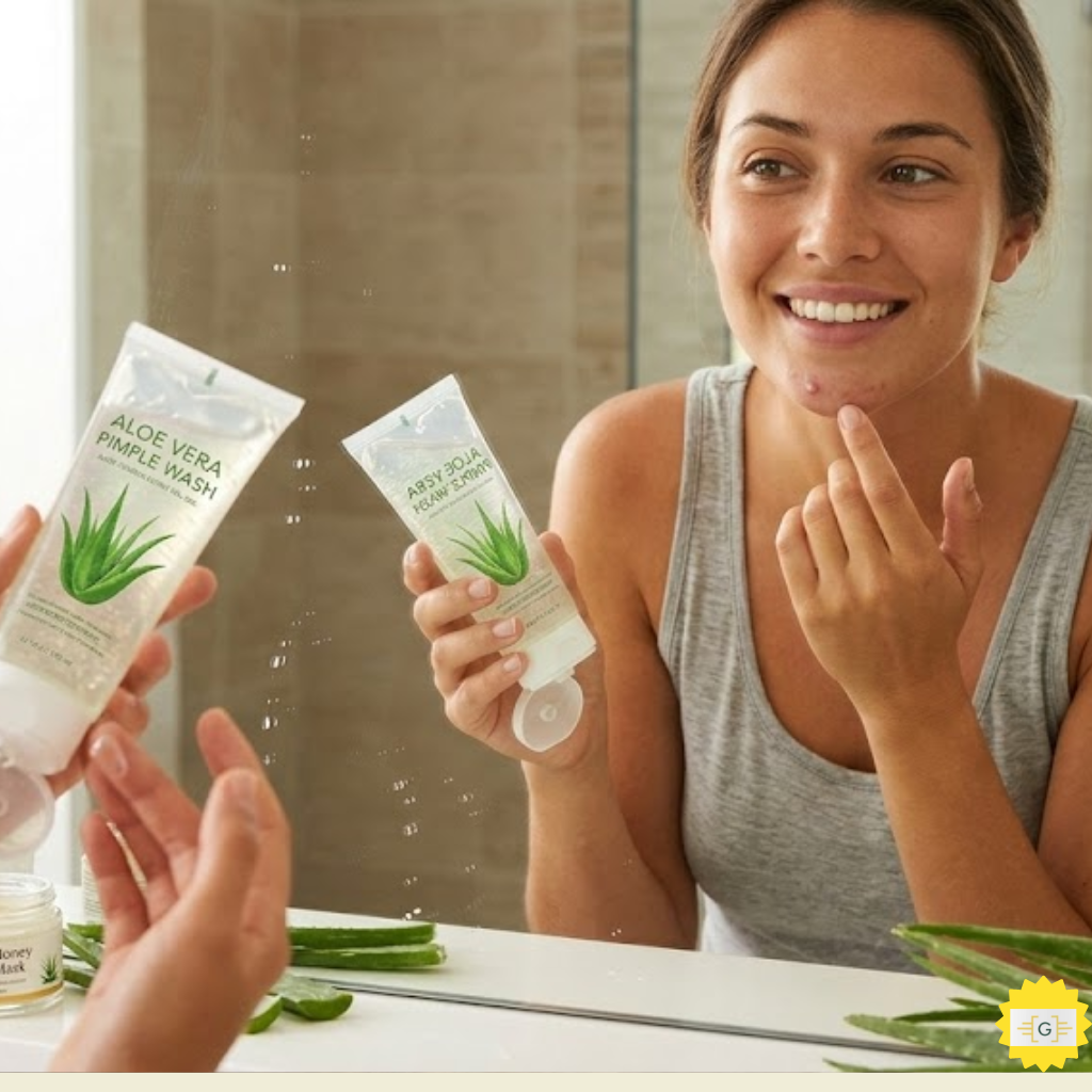 woman using aloe vera skin care products looking in mirror