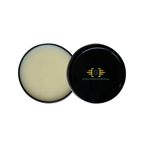 Black container of beard butter with yellow an green Greater Mood logo