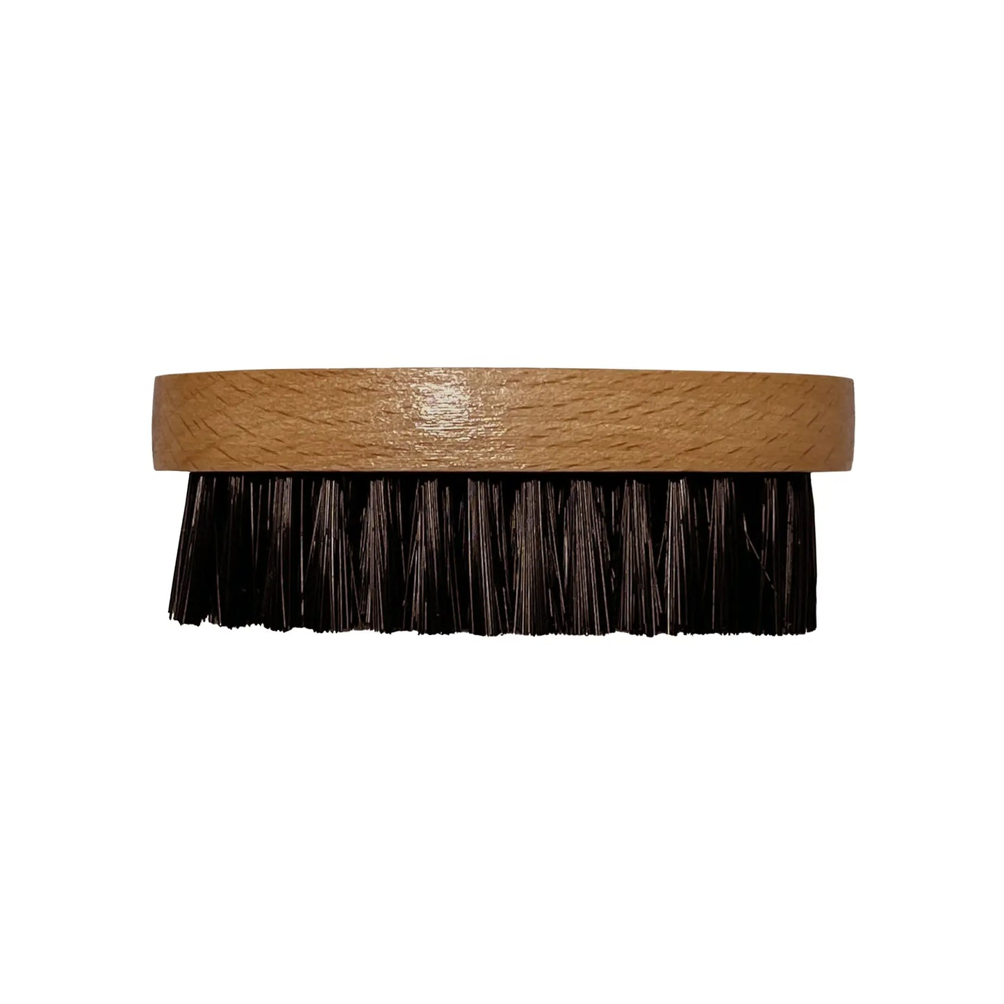A black brush with a wooden handle, designed for beard grooming.