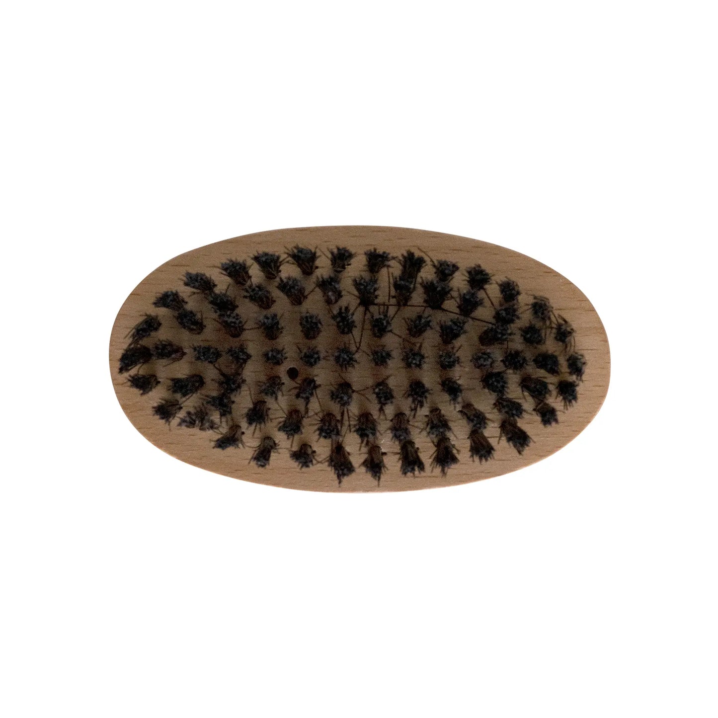 Grooming brush for beards, featuring wooden handle and black bristles.