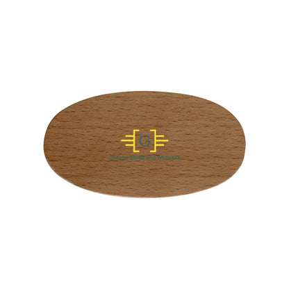 Greater Mood and Wellness Logo on wooden oval plaque for Beard Brush.