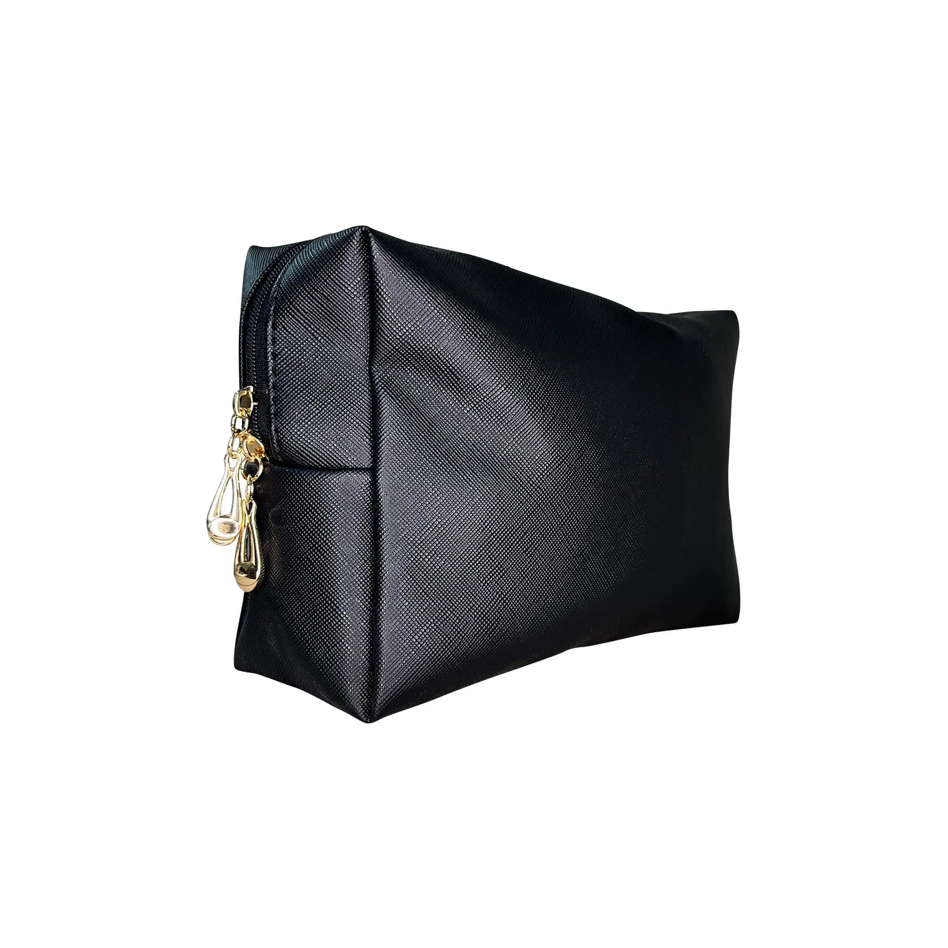 A small travel makeup bag with compartments for cosmetics and brushes. Ideal for on-the-go touch-ups.