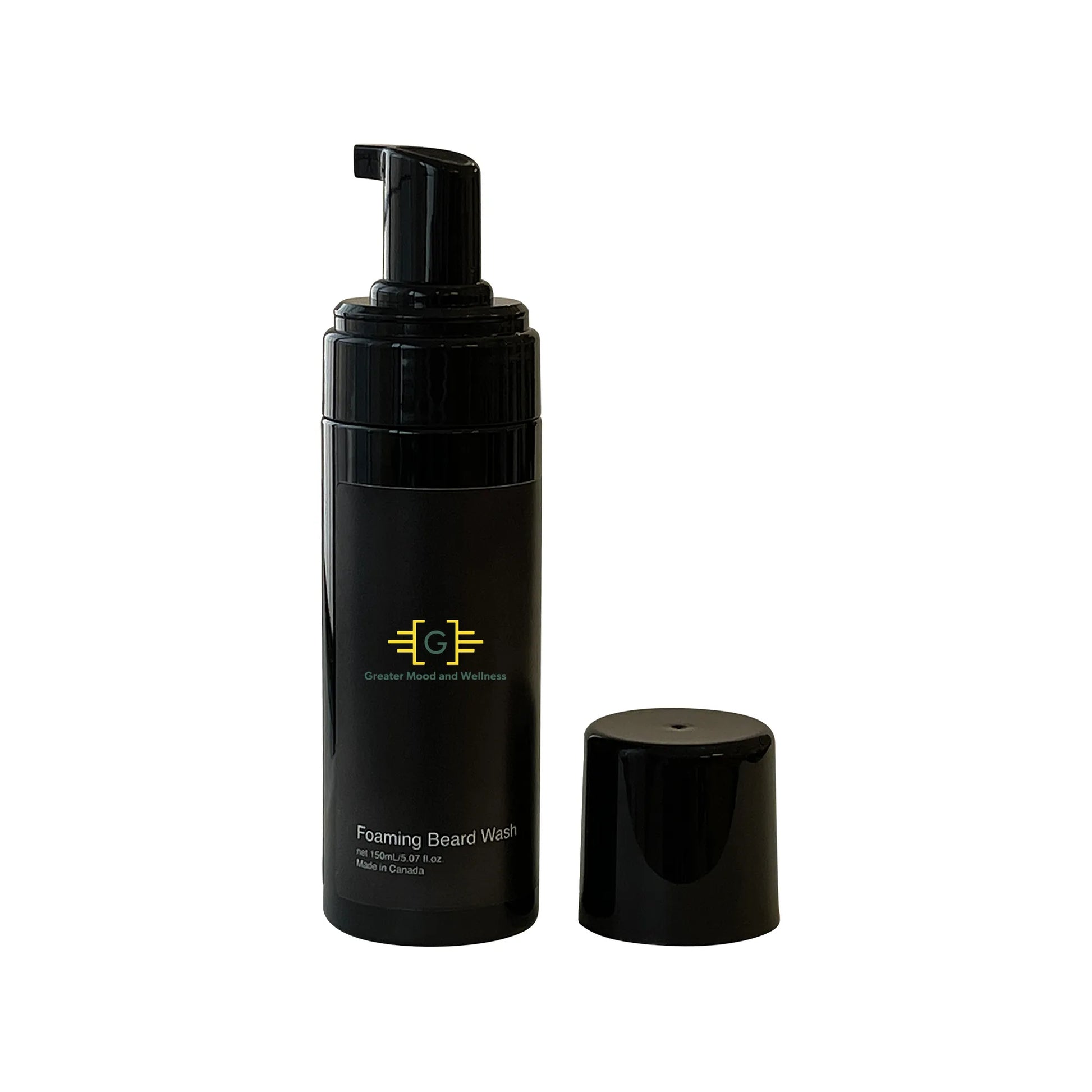 A black foam bottle with a black cap, containing foaming beard wash.