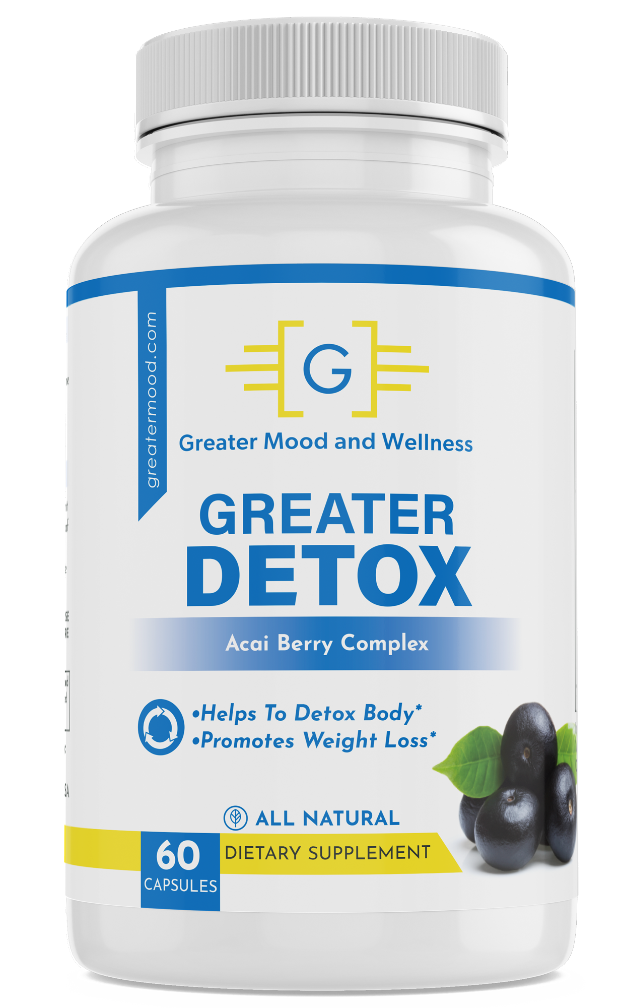 blue and white supplement bottle with greater detox acai berry cleanse
