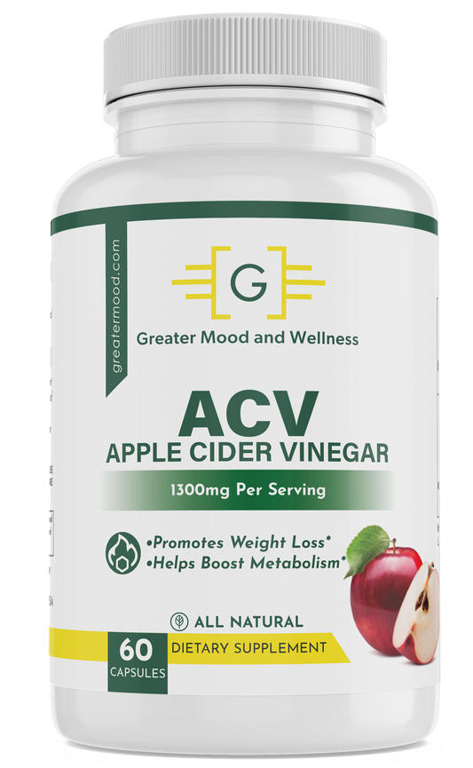 ACV supplement bottle with label showing apple cider vinegar and a pile of fresh apples in the background.