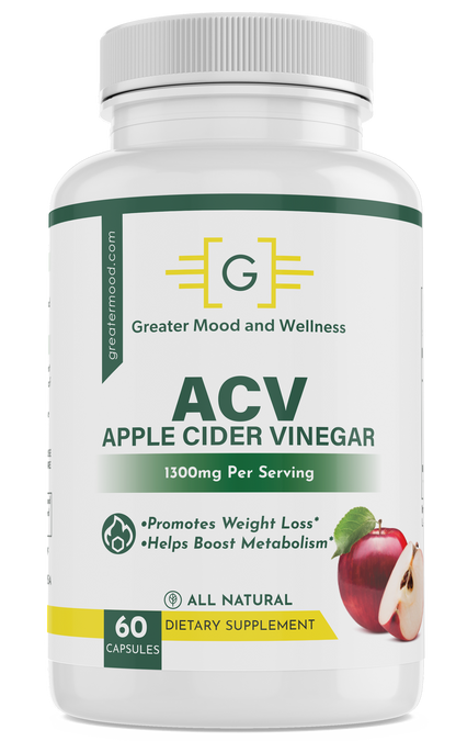 ACV supplement bottle with label showing apple cider vinegar and a pile of fresh apples in the background.