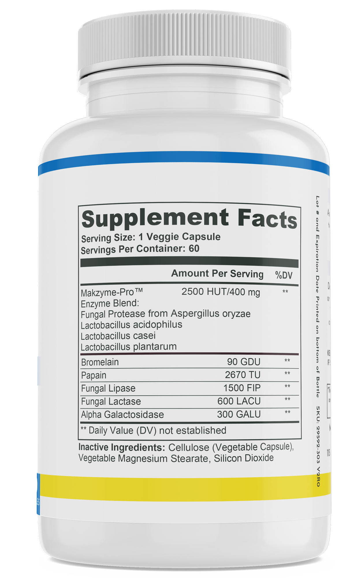 Detailed supplement facts label on bottle of vitamin supplement, showing key information.