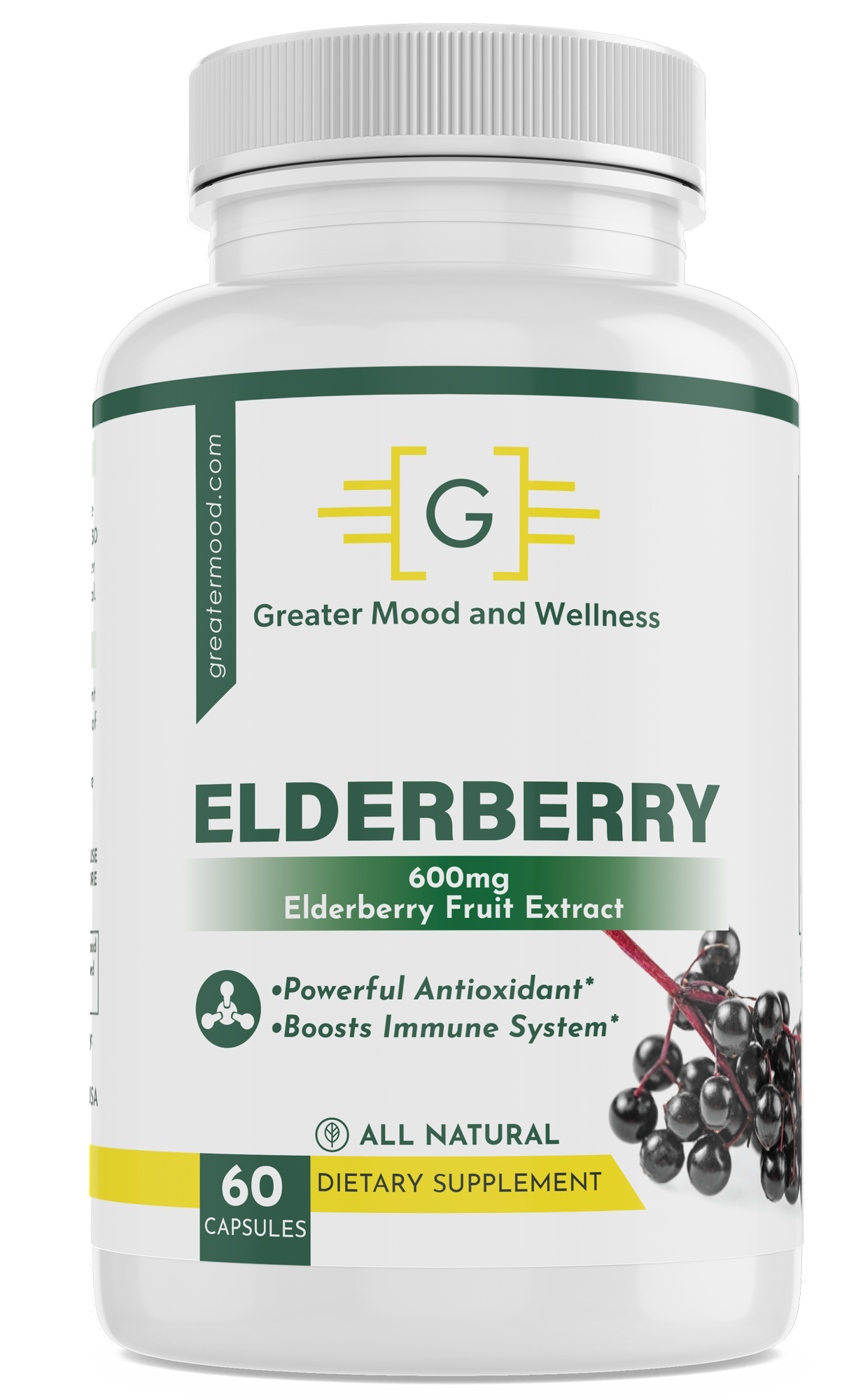 white, green and yellow supplement bottle with the best elderberry supplement