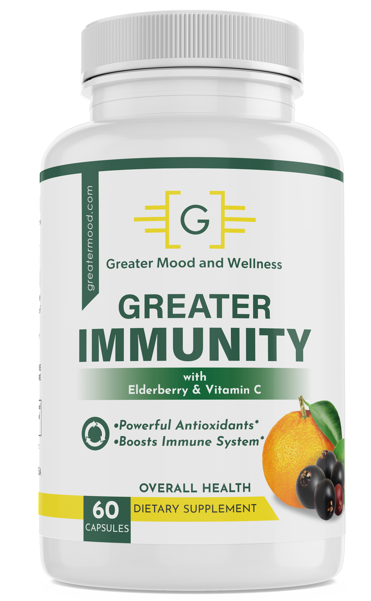 yellow, green and white supplement bottle with greater immunity supplement