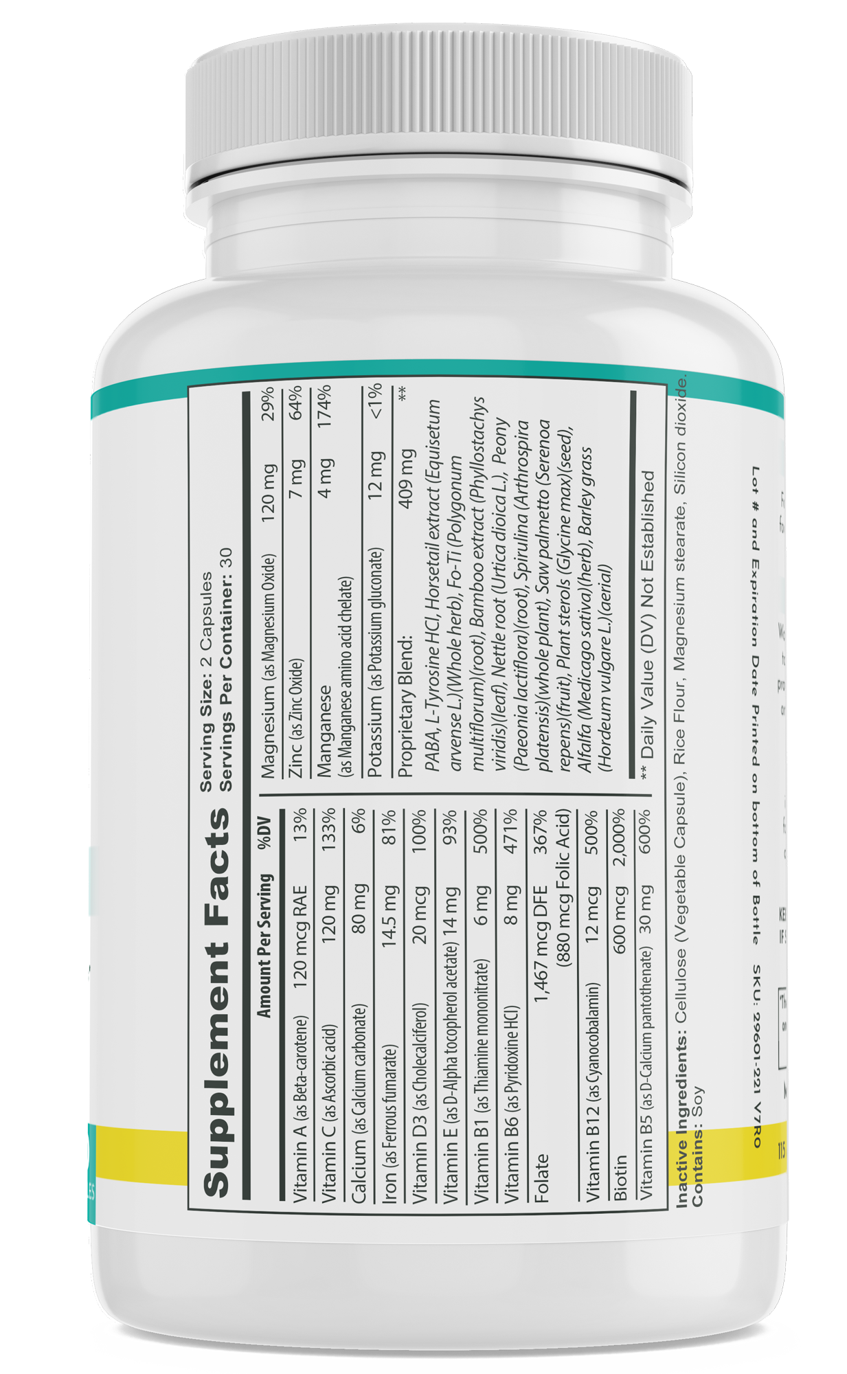 Hair Skin and Nails supplement fact label on a vitamin bottle