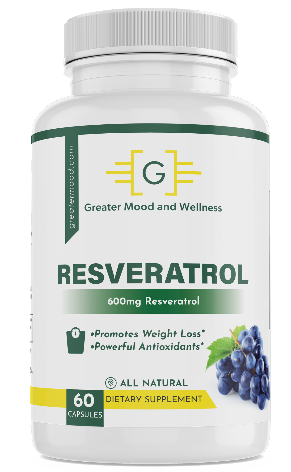 green white and yellow bottle of Resveratrol supplement