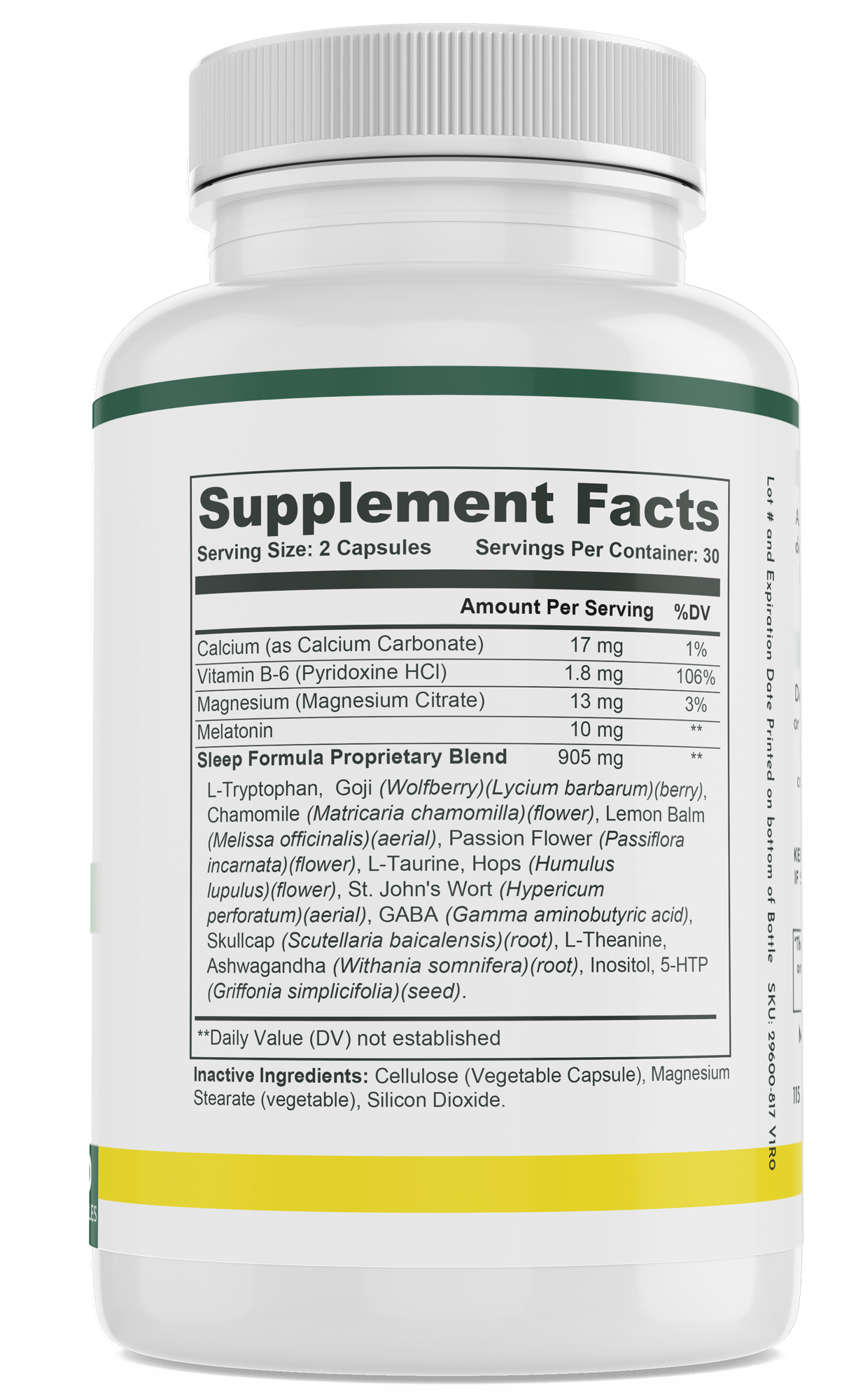 The Perfect Sleep supplement facts on green white and yellow supplement bottle