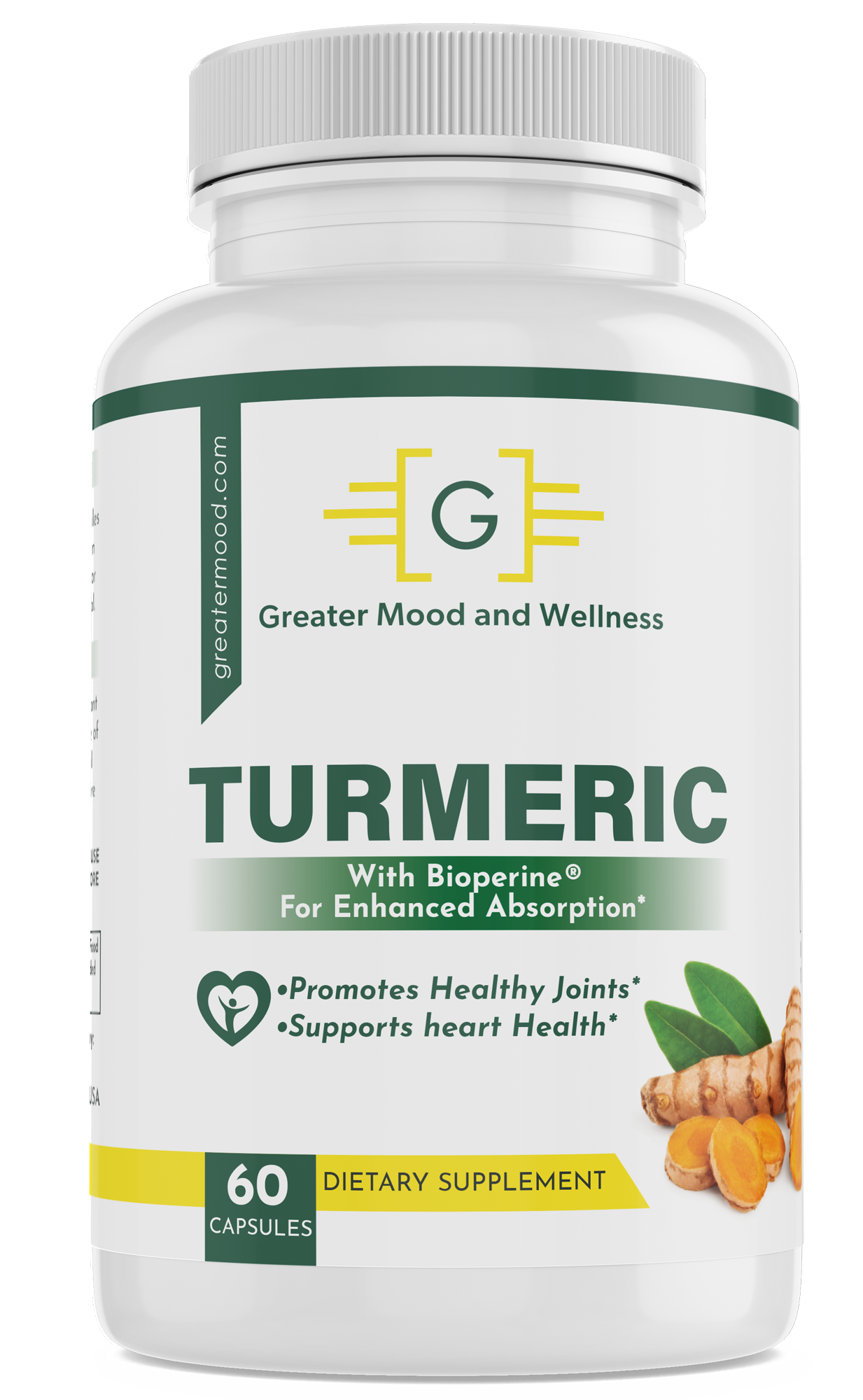 Turmeric with Bioperine in supplement green and white supplement bottle 